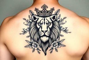 powerful majestic lion with a crown, surrounded by floral ornaments and birds tattoo idea