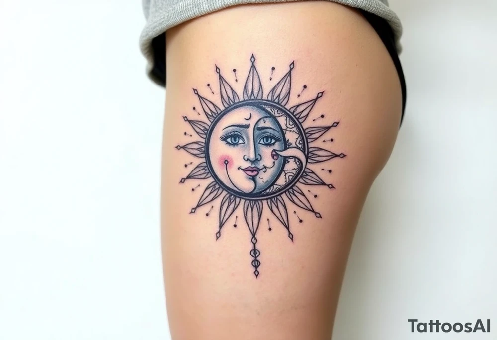 celestial sun and moon embrace with constellation patterns tattoo idea