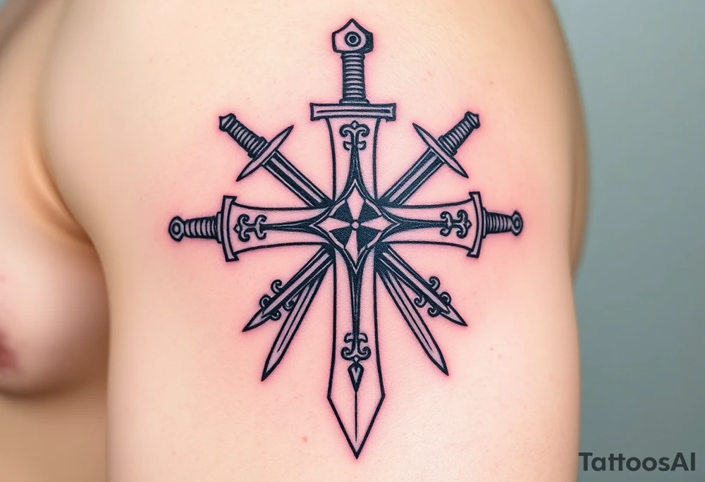 A Templar cross with two crossed longswords behind it, detailed with intricate hilt engravings tattoo idea
