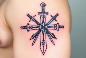 A Templar cross with two crossed longswords behind it, detailed with intricate hilt engravings tattoo idea