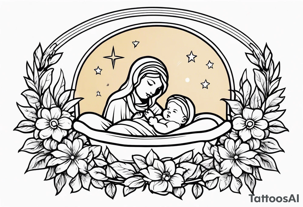 baby jesus in manger

old school vintage simple traditional design with vintage flowers surrounding it bold color simple tattoo idea