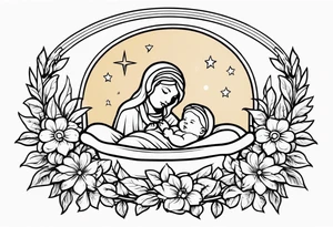 baby jesus in manger

old school vintage simple traditional design with vintage flowers surrounding it bold color simple tattoo idea