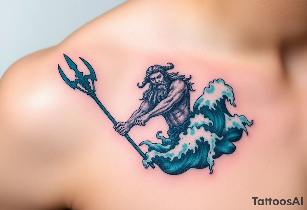 A realistic depiction of Poseidon, wielding a glowing turquoise trident, with stormy waves crashing behind him in shades of deep blue and teal tattoo idea