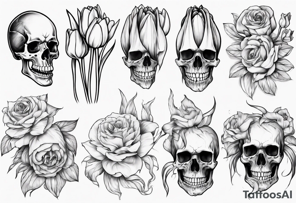 female skull with long hair, from side, tulip steem between teeths tattoo idea female skull with long hair, from side, tulip steem between teeths tattoo idea
