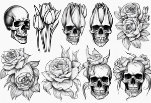 female skull with long hair, from side, tulip steem between teeths tattoo idea