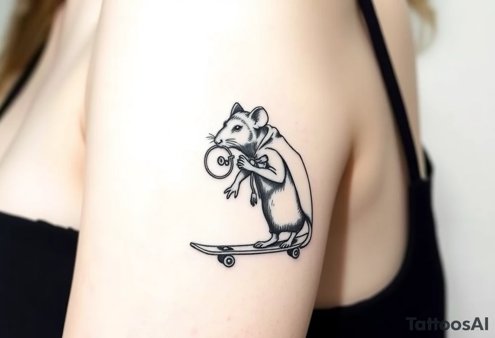 Old rat with a cloak and monocle leaning on a skatebord tattoo idea