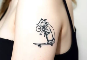 Old rat with a cloak and monocle leaning on a skatebord tattoo idea