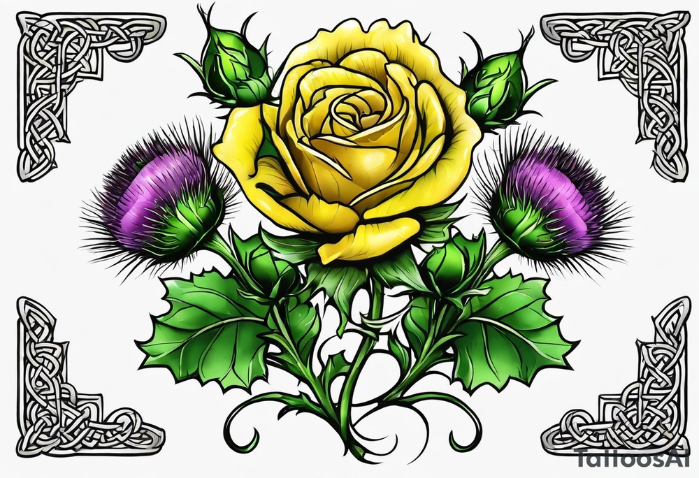 Scottish thistle, yellow rose and shamrock with stems intertwined spelling KND in celtic lettering tattoo idea