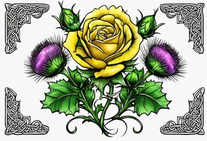 Scottish thistle, yellow rose and shamrock with stems intertwined spelling KND in celtic lettering tattoo idea