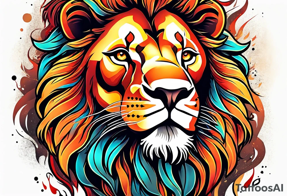 A  happy 
lion surrounded by fire in full color tattoo idea