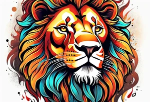 A  happy 
lion surrounded by fire in full color tattoo idea