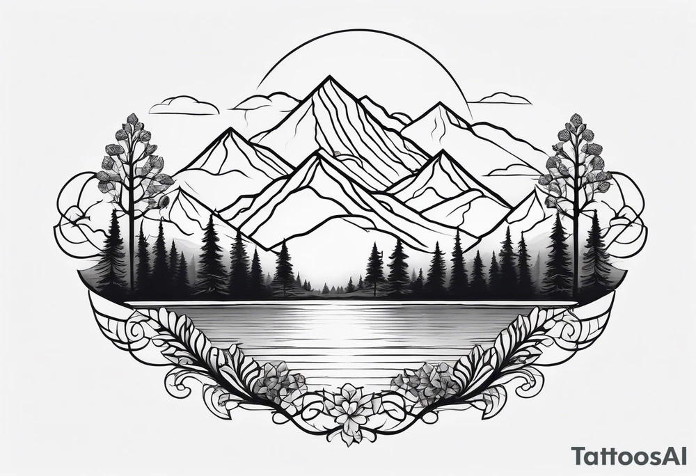 Design a symmetrical tattoo featuring a serene mountain landscape with a winding river and delicate trees, creating a balanced and harmonious composition tattoo idea