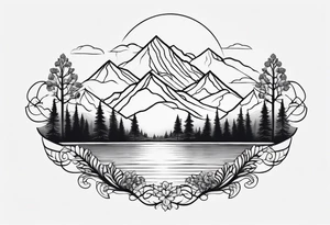 Design a symmetrical tattoo featuring a serene mountain landscape with a winding river and delicate trees, creating a balanced and harmonious composition tattoo idea