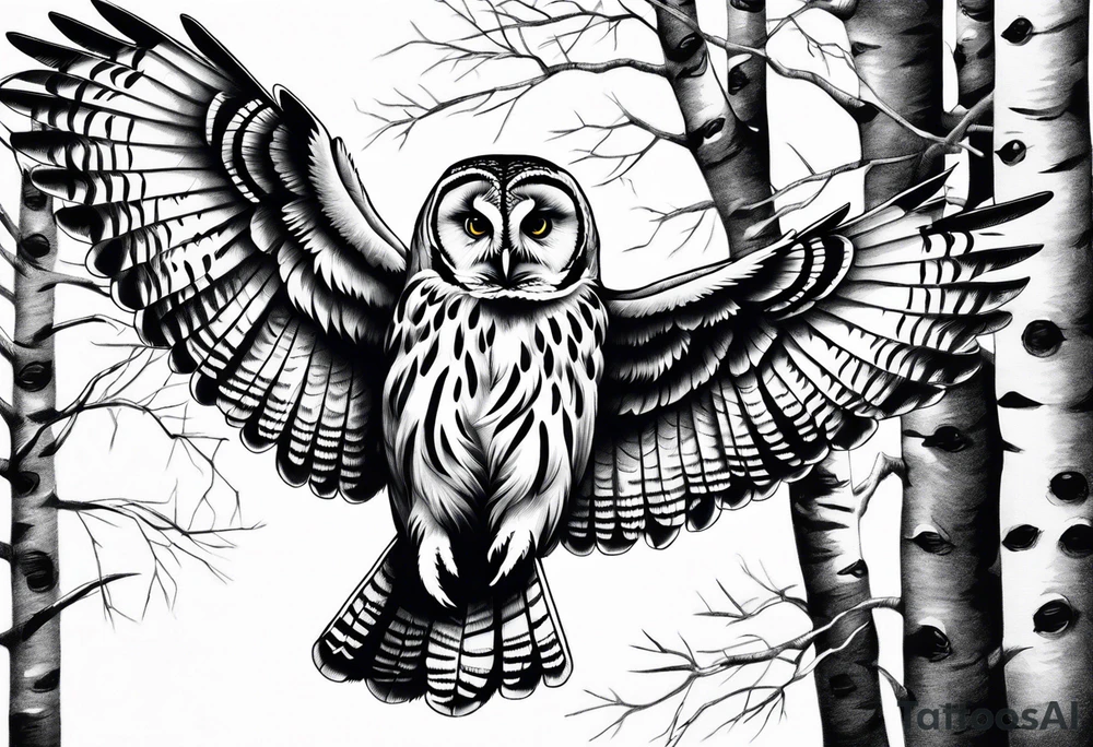 barred owl wings outstretched in front of birch trees tattoo idea