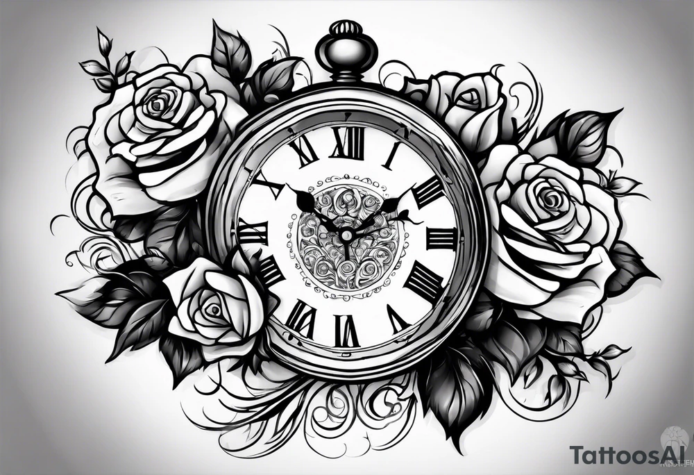 Pocket clock with blue roses tattoo idea