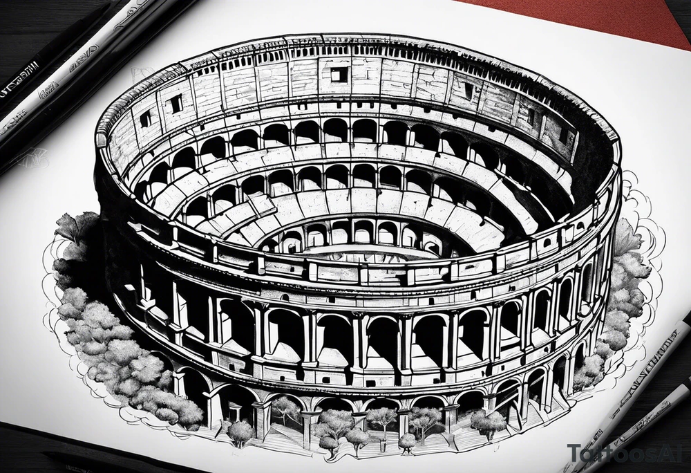Roman colosseum with clock above Roman numerals tattoo idea