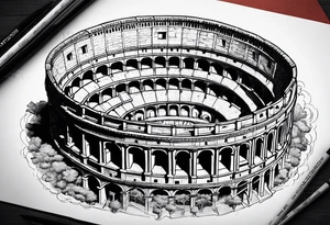 Roman colosseum with clock above Roman numerals tattoo idea