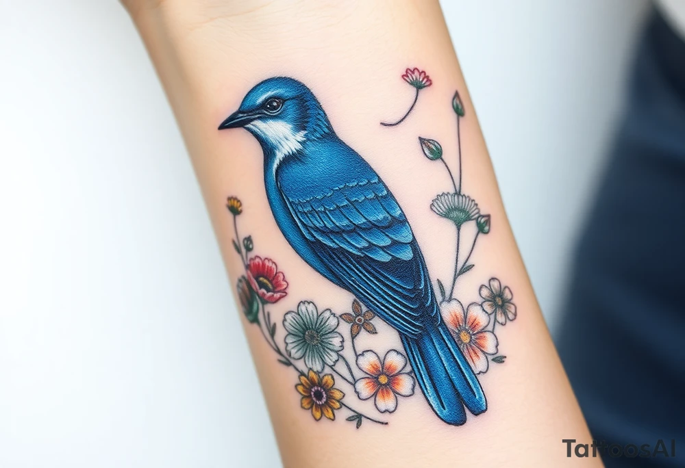 powerful majestic bluebird surrounded by wild flowers tattoo idea