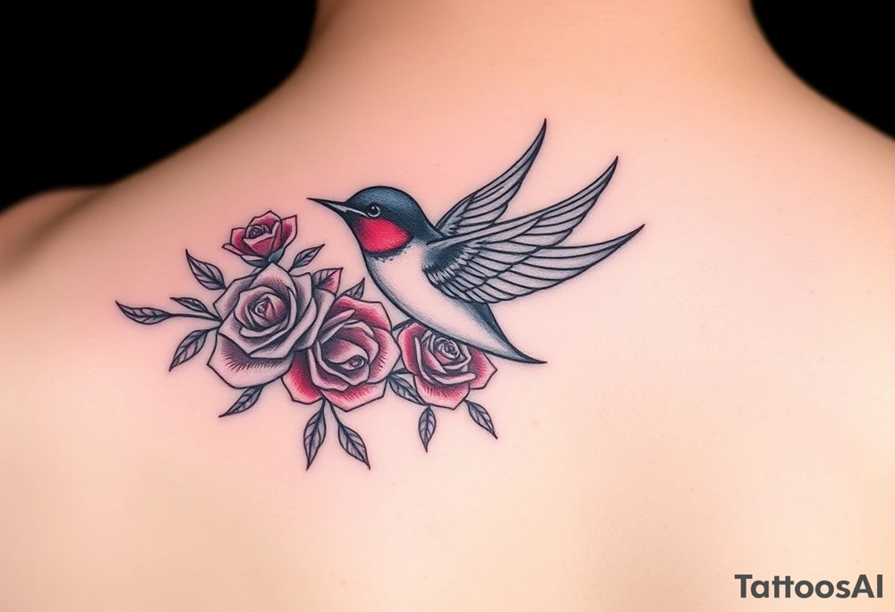 Feminine Swallow bird, with ruby color roses tattoo idea