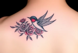 Feminine Swallow bird, with ruby color roses tattoo idea