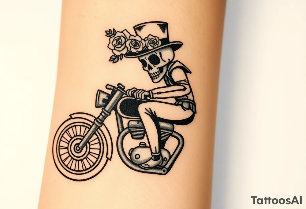 create an decorated "day of the dead skull" wearing a top hat with roses who is riding a Triumph motorcycle tattoo idea