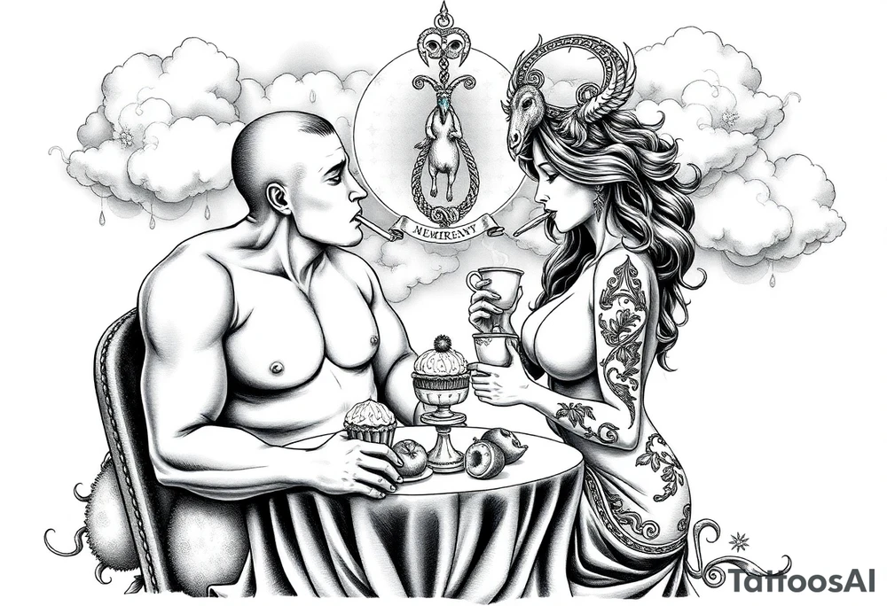 Mystical Naked Man and woman having sex eating cupcakes and  fruit  having sex clouds gothic sexy naked fat lady having a tea party with tea pot at a famcycastle  
with a pigs, peacock, noose, lion, goat, smoking cigerettes looking in the mirror thru storm clouds with razor blades and broken hearts and darkness and wrath, envy , gluttony, greed, sloth, pride kill tattoo idea