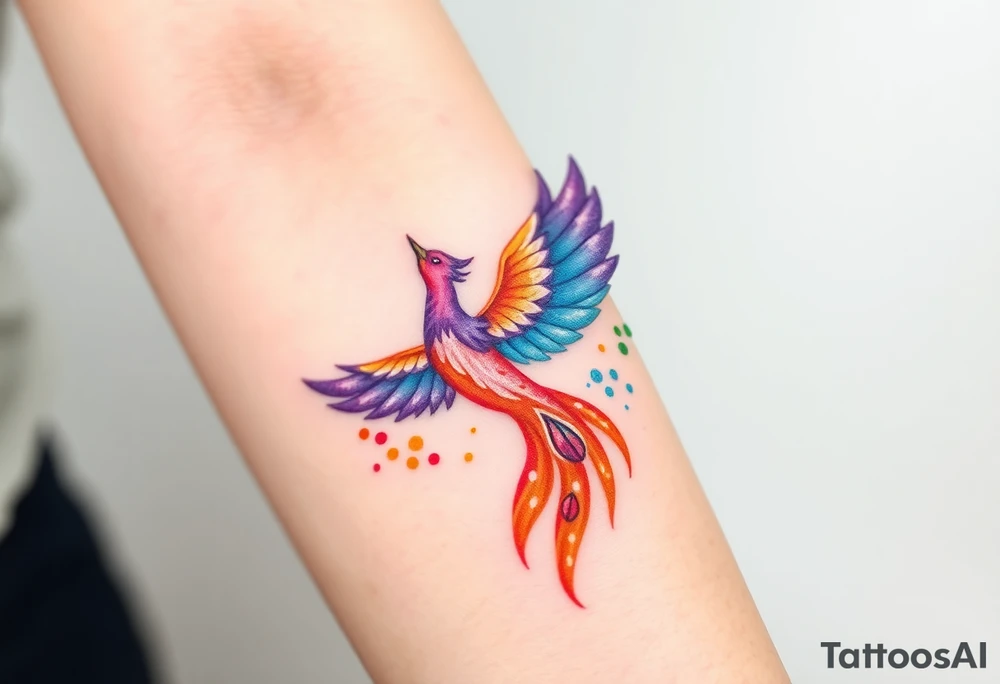 Phoenix in flames with purple, blue, orange, teal and green splashes, looking upwards tattoo idea