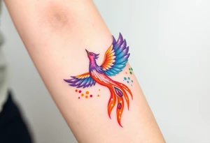 Phoenix in flames with purple, blue, orange, teal and green splashes, looking upwards tattoo idea