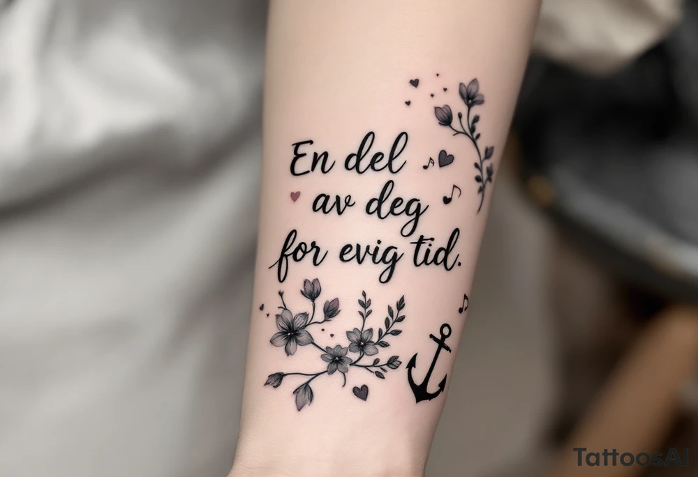 make a qoute sayin "En del av deg for evig tid. 
Pappa 20.12.24"
Surround the quote with delicate long blossom gladious, music notes, hearts and an anchor on the lower right side tattoo idea