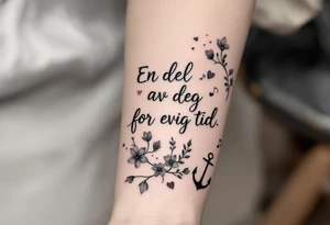 make a qoute sayin "En del av deg for evig tid. 
Pappa 20.12.24"
Surround the quote with delicate long blossom gladious, music notes, hearts and an anchor on the lower right side tattoo idea