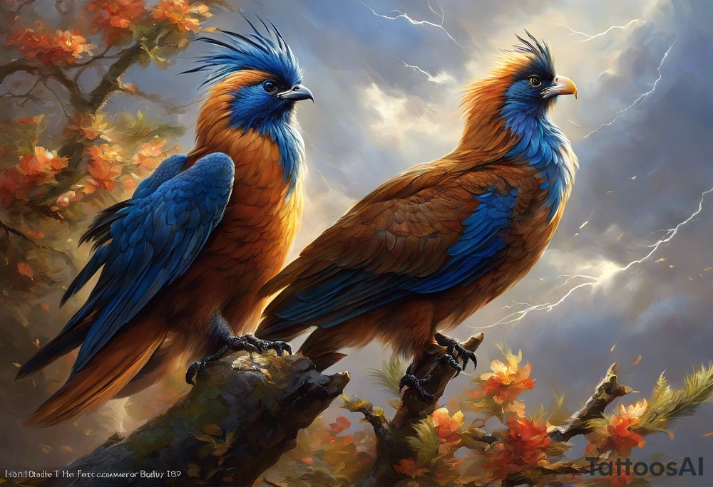 Going up the left arm, at elbow height there are feathers moving under the action of the wind. The feathers interact with tree branches that advance towards the left hand. A little higher, close to the shoulder, lightning and thunder begin to appear, interacting with the feathers and branches. The feathers converge into a vortex of energy from which an owl's head is revealed, which is on the left chest. The branches go to the back, where they converge into a solid and psychedelic element that brings together different elements related to the energy of the creation of life: womb, rebirth, spirals, torus, sun and representations of the earth, including a house that can be clearly seen being built of earth. tattoo idea