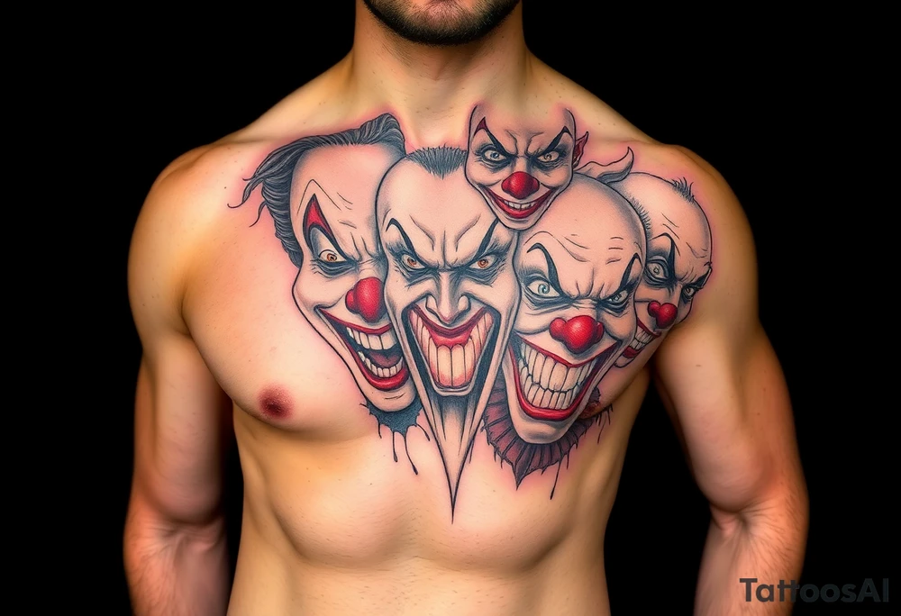 creative collage of different emotional clown faces tattoo idea