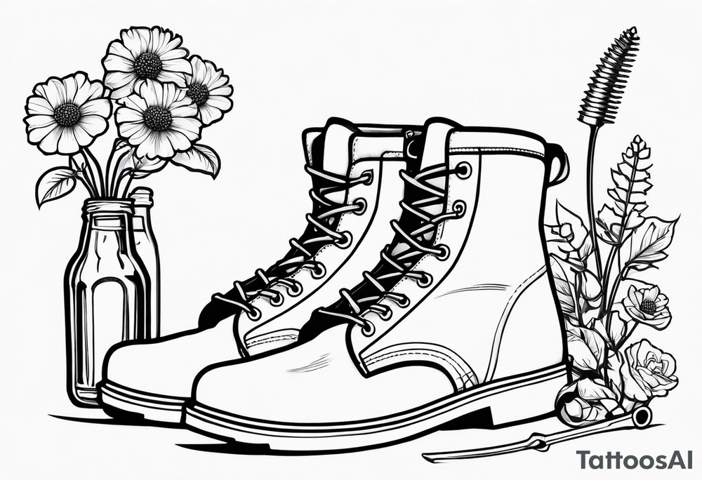 dads work boots sitting with wrench, screwdriver & hammer and a beer around or near it and flowers growing out of the boots. tattoo idea