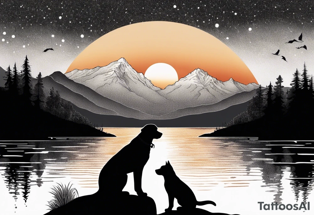 nature, sunset, mountains, a father and son with his dog and cat sitting by the water tattoo idea