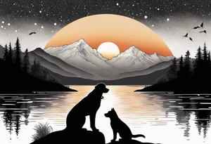 nature, sunset, mountains, a father and son with his dog and cat sitting by the water tattoo idea