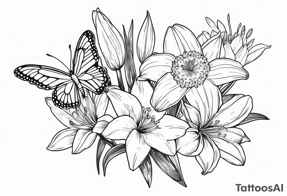 Fine line
lily daisy and daffodil bouquet with butterfly 6-8 inches bi tattoo idea