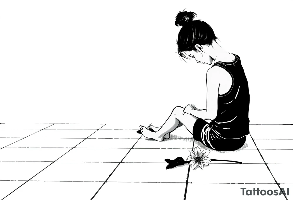 a tile floor with a minimalist realistic silhouette of the back of a thin woman sitting curled on the tile floor and a black silhouette of a young child sitting next to her with a lily next to them on the floor. The woman is wearing a Racerback tank top, running shorts, has dark hair pulled up high, and her head is down. tattoo idea