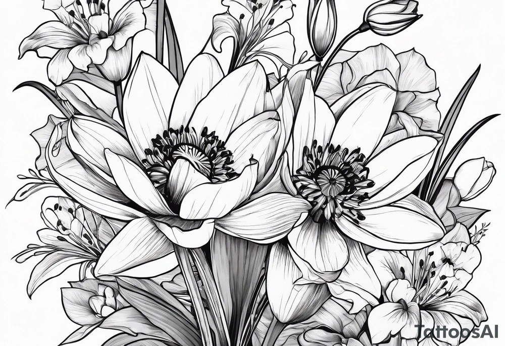 A mid sized line work bouquet of flowers with a water lily, gladiolus, poppy, lily of the valley, daffodil, and a honey suckle. With long stems and tied with a bow tattoo idea
