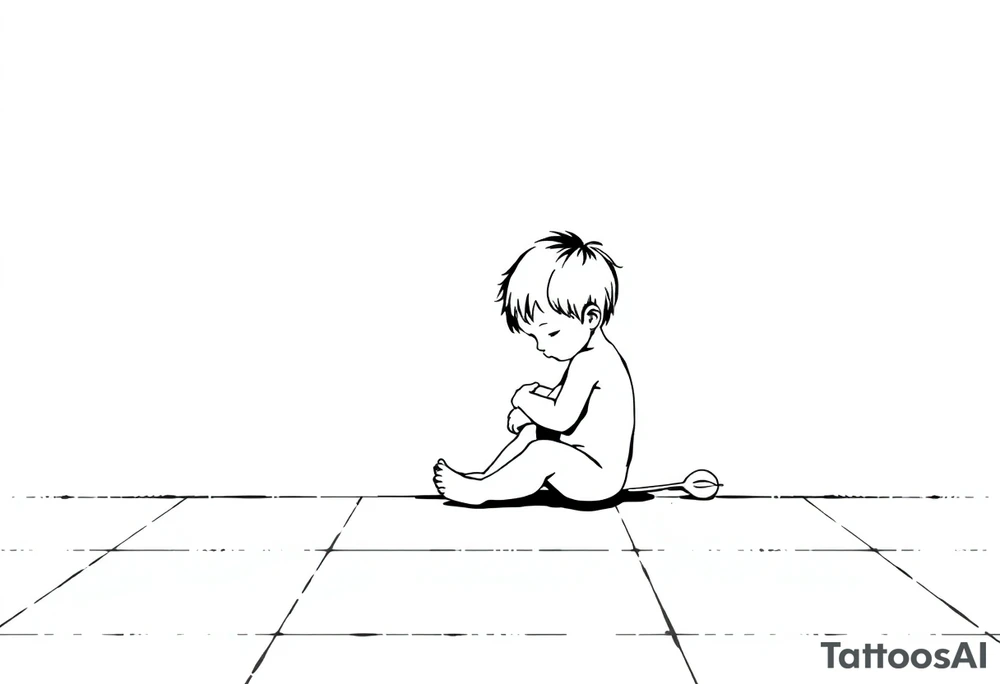 A simple tile floor with a minimalist outline of a curled child sitting on the floor with a lily next to her tattoo idea