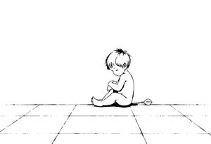 A simple tile floor with a minimalist outline of a curled child sitting on the floor with a lily next to her tattoo idea