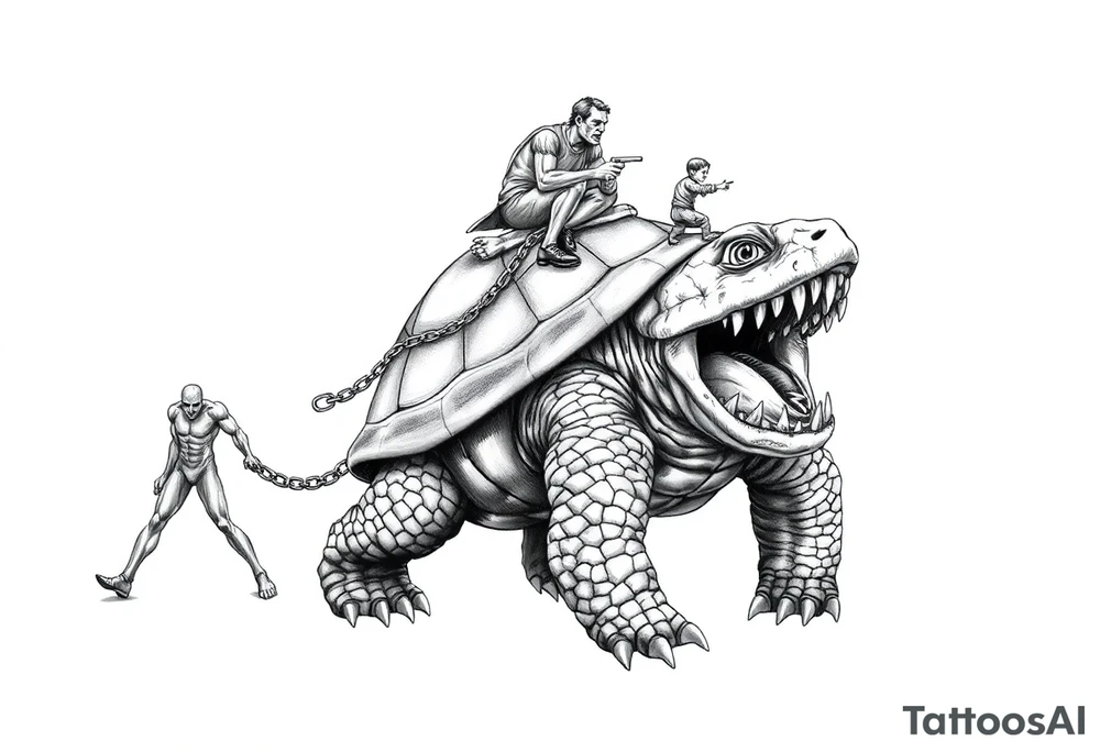 A giant walking 2 slaves on a chain leash an angry turtle with huge teeth with a little man riding on his back tattoo idea