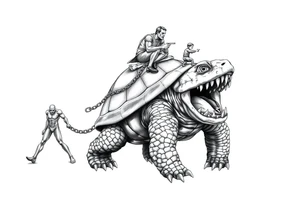 A giant walking 2 slaves on a chain leash an angry turtle with huge teeth with a little man riding on his back tattoo idea