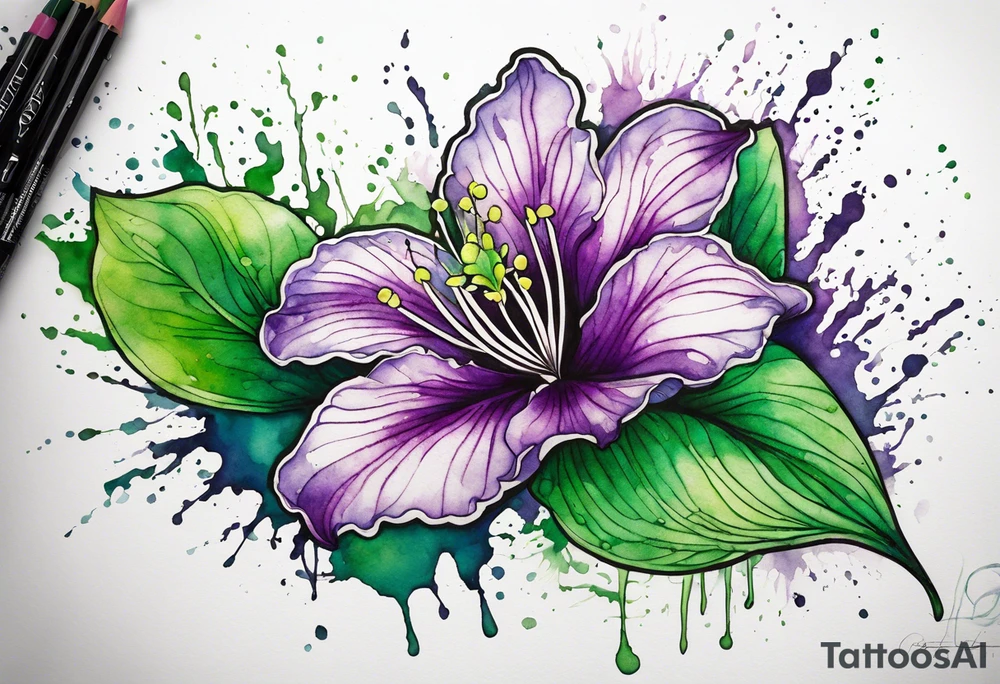 An outline of an only green rio dipladenia flower and a green and purple watercolor splash in the background tattoo idea