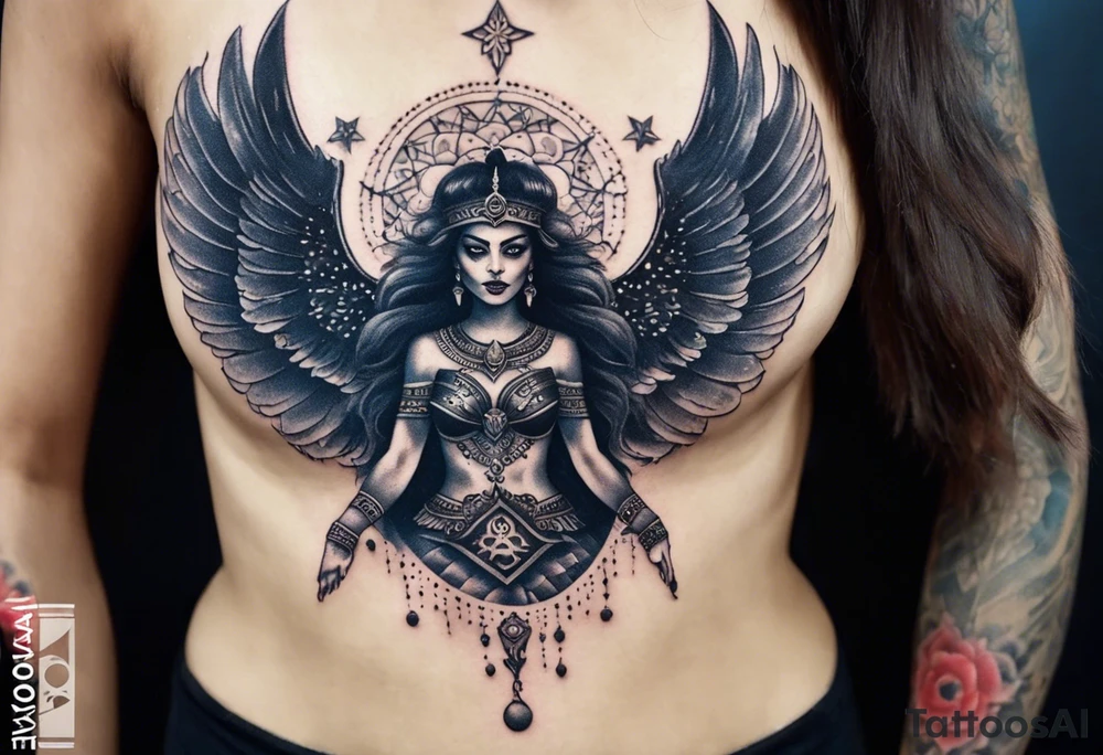 black kali, goddess pirate, alien, angel, pachamama, valkrye, warrior, flying, skull, lotus azul, wing, eagle, zenza resonance, stars, 5D, anahata chakra, death, durga, riding on a tiger, flying lady, chest tatoo tattoo idea