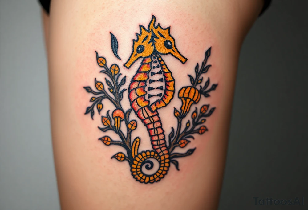 A golden seahorse wrapped in a delicate coral reef, with small glowing bioluminescent jellyfish floating nearby. tattoo idea