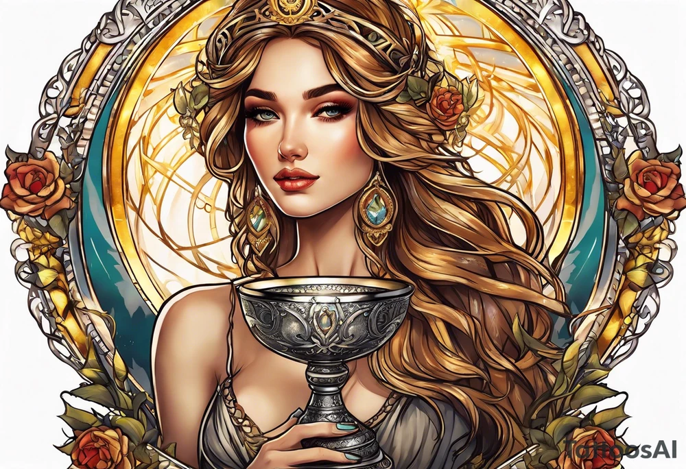 woman holding chalice surrounded by golden halo tattoo idea