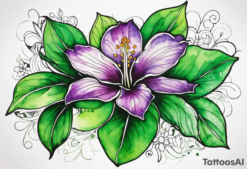 An outline of a rio dipladenia flower with green/purple pedals and a green/purple watercolor splash in the background tattoo idea