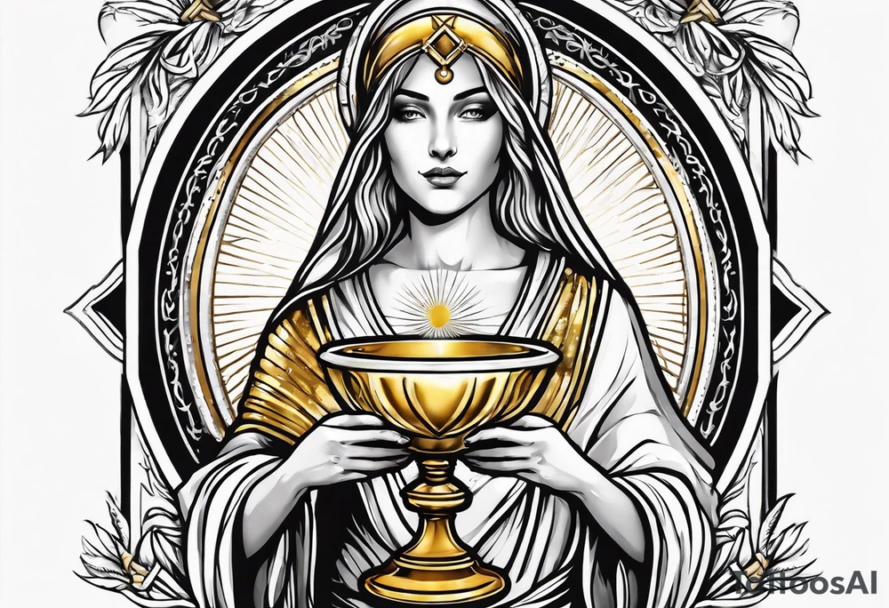 woman saint holding chalice surrounded by golden halo tattoo idea