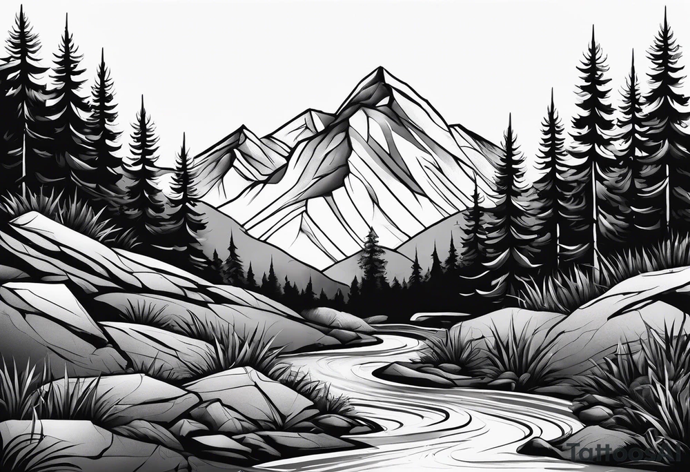 Mountain with a creek at the bottom and bushes at the base. For a full arm sleeve tattoo idea