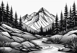 Mountain with a creek at the bottom and bushes at the base. For a full arm sleeve tattoo idea